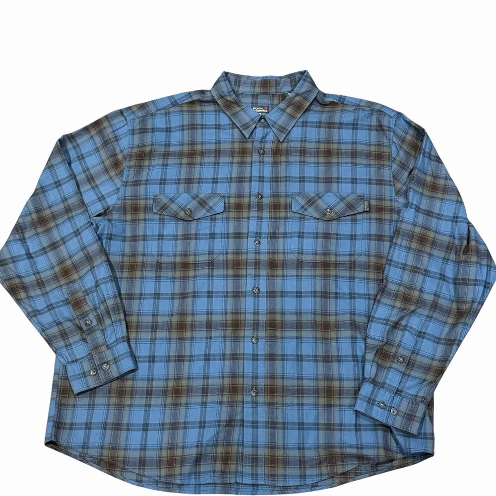 Royal Robbins Plaid Button Up Shirt XXL Blue Gray Cotton Long Sleeve Pockets